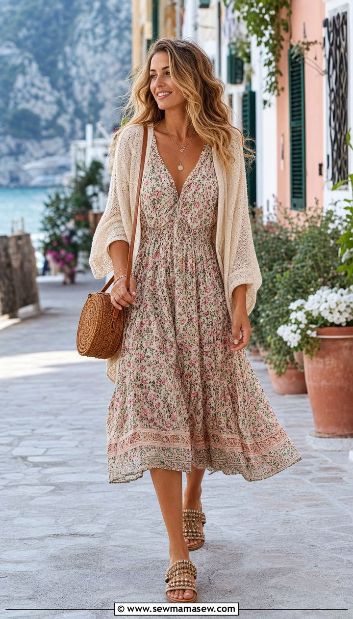 Boho Floral Midi Dress with Woven Accessories - 35 beach vacation outfits Pinterest