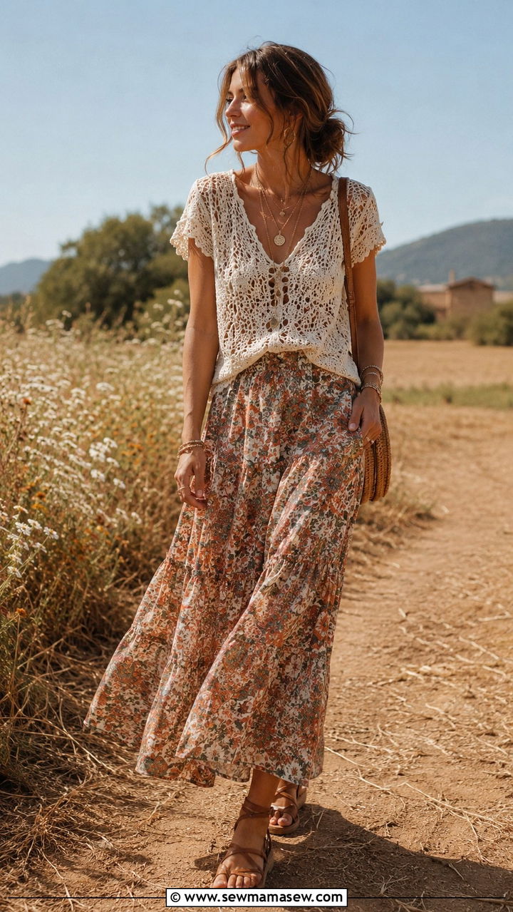 Boho Floral Midi Skirt With Crochet Top And Flat Sandals - 30 Spring outfits with midi skirts