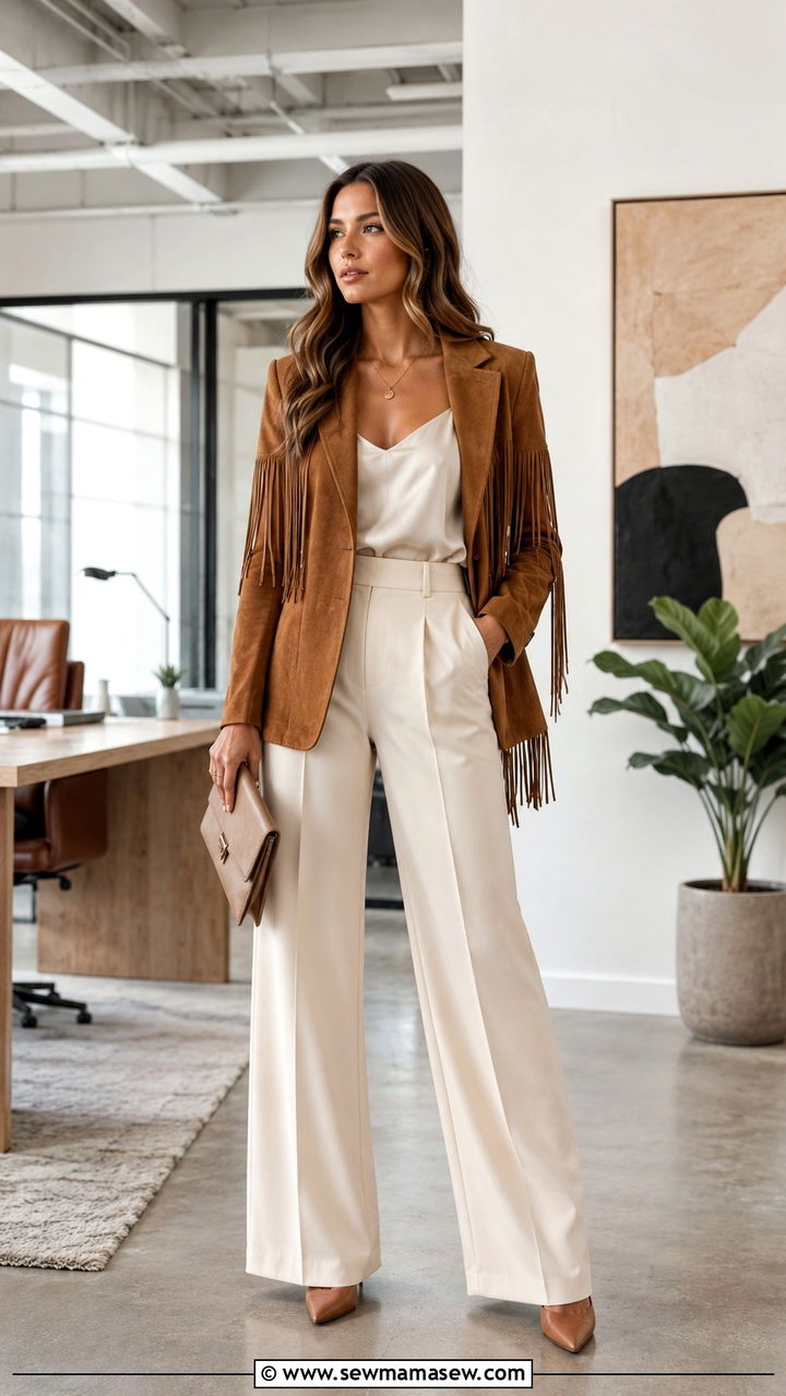 Boho Fringe Blazer With Tailored Wide Leg Trousers - 25 Boho outfit ideas with fringe