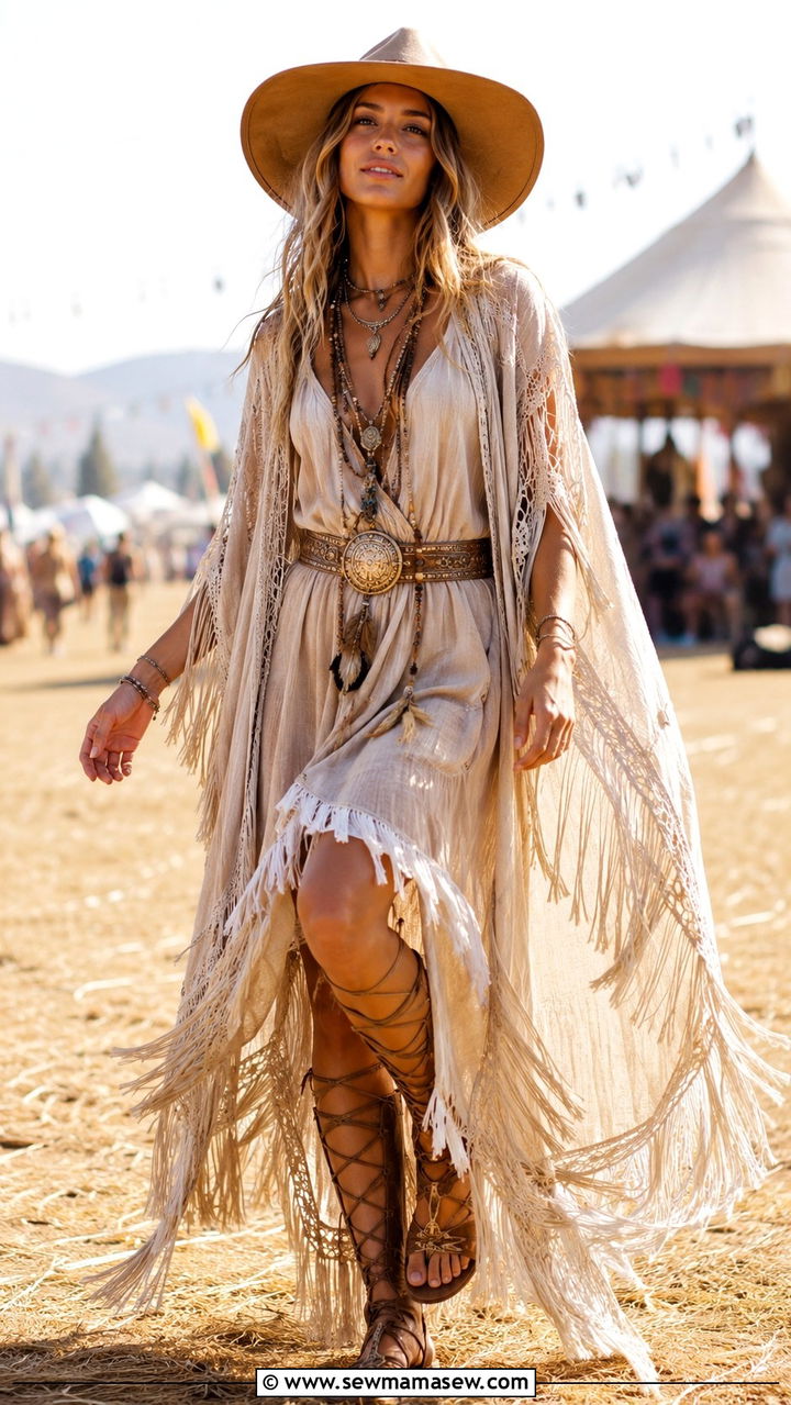 Boho Fringe Cape Dress for Outdoor Festival - 25 Boho outfit ideas with fringe