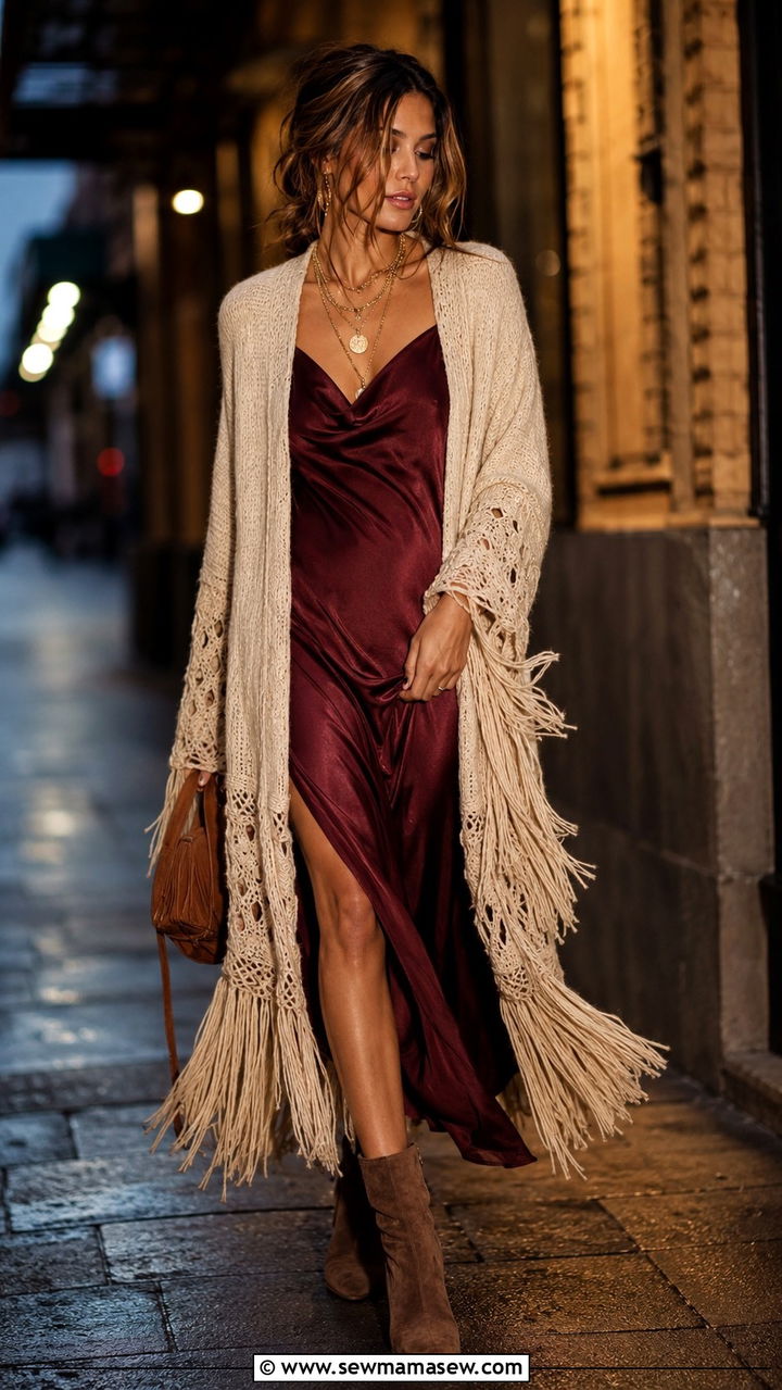 Boho Fringe Cardigan Layered Over Slip Dress - 25 Boho outfit ideas with fringe