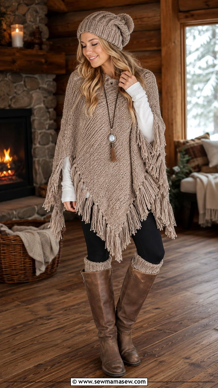 Boho Fringe Knit Poncho With Leggings - 25 Boho outfit ideas with fringe