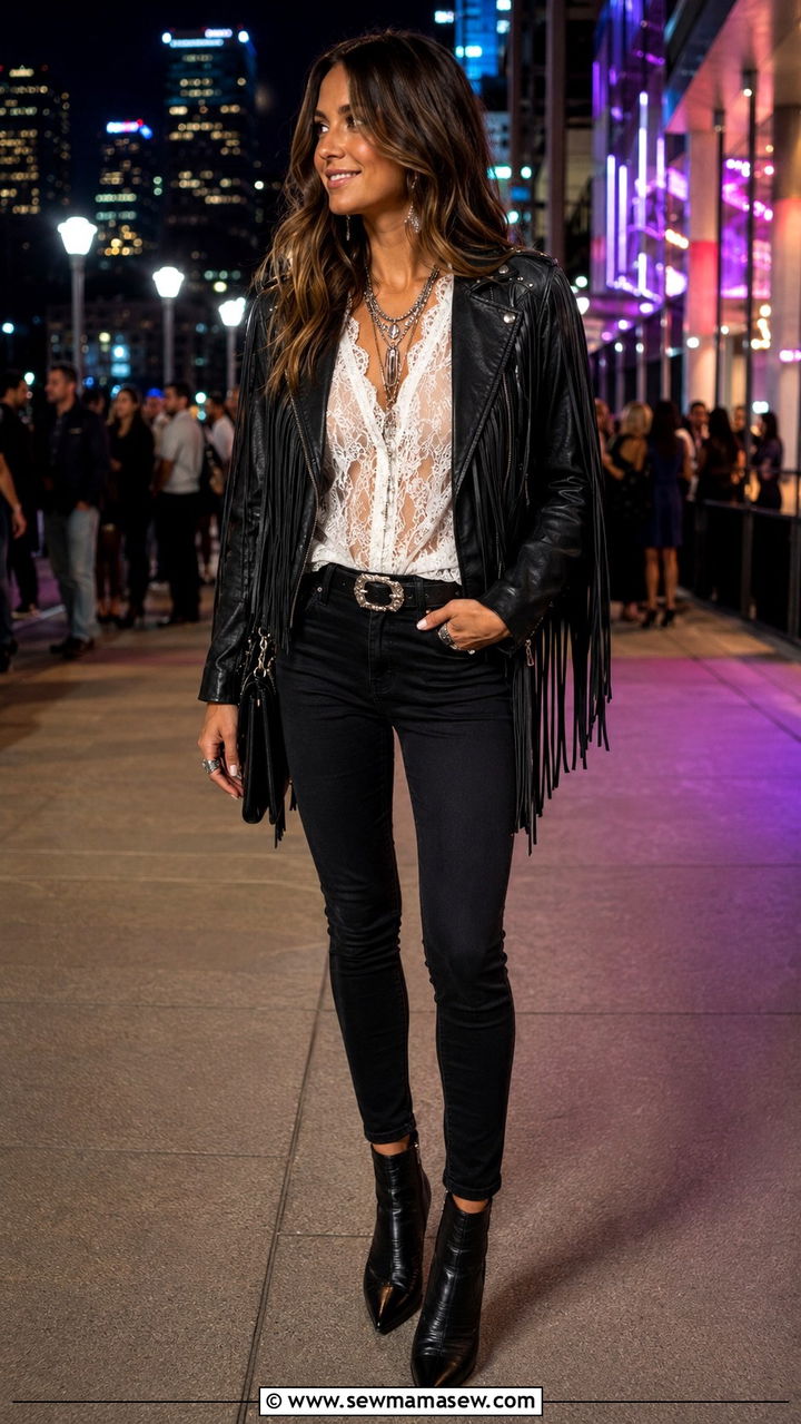 Boho Fringe Leather Jacket With Black Skinny Jeans - 25 Boho outfit ideas with fringe