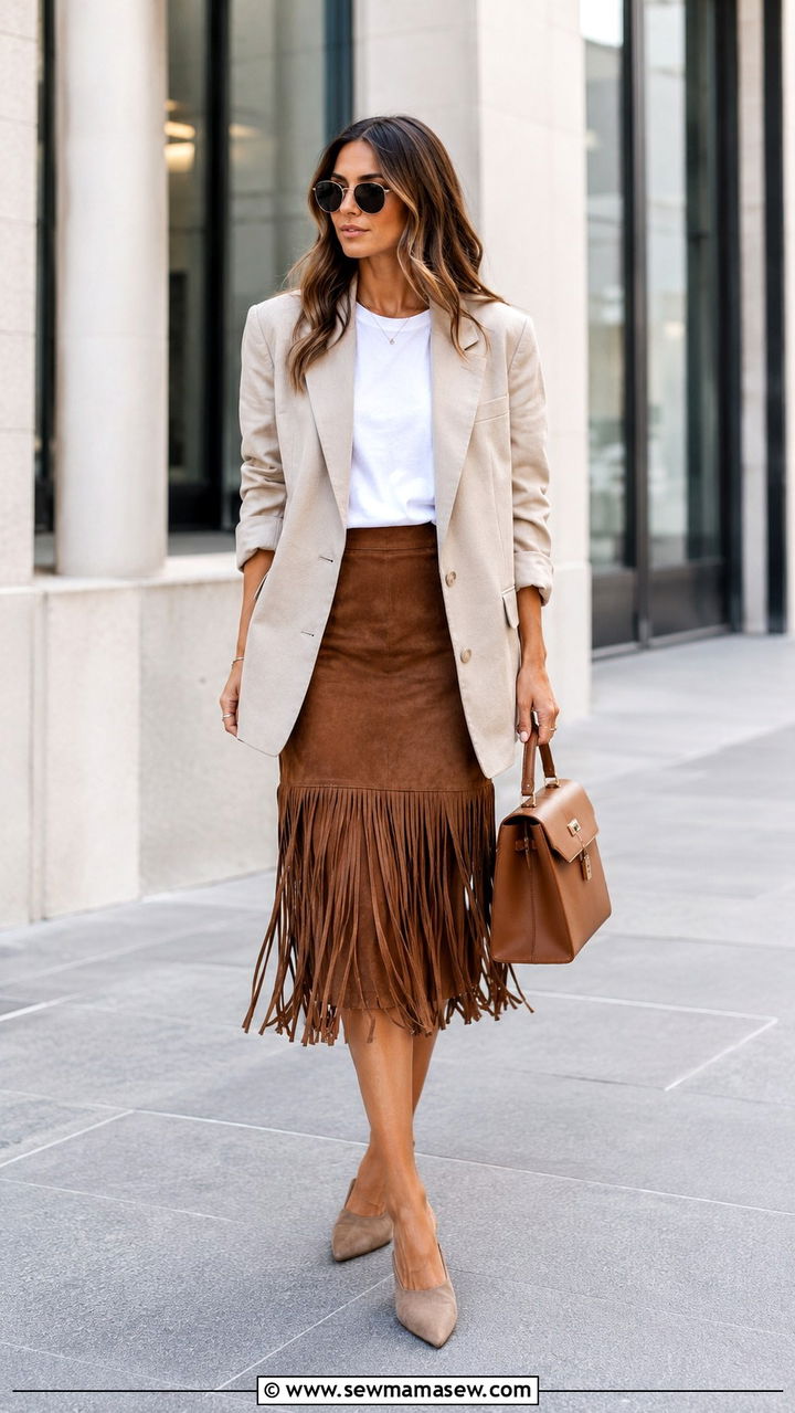 Boho Fringe Midi Skirt With an Oversized Blazer - 25 Boho outfit ideas with fringe