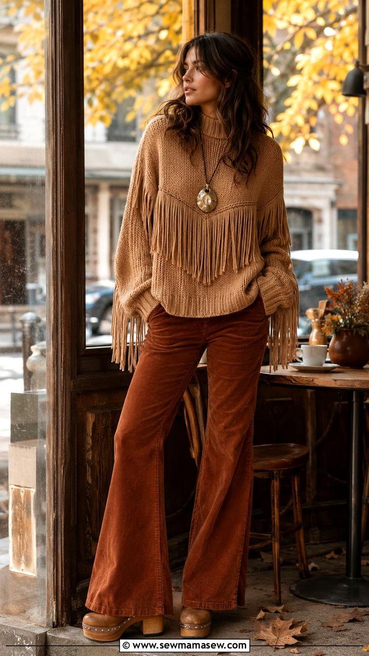Boho Fringe Sweater With Flared Corduroy Pants - 25 Boho outfit ideas with fringe