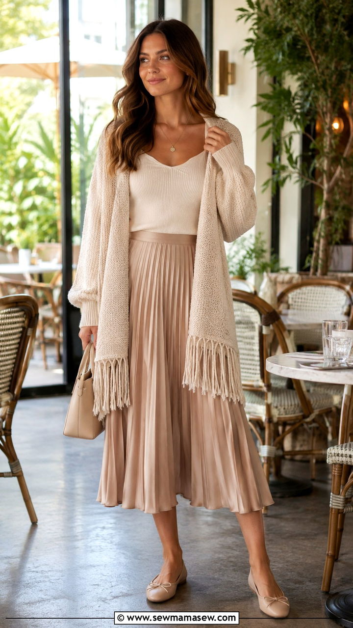 Boho Fringe Trim Cardigan With Pleated Midi Skirt - 25 Boho outfit ideas with fringe