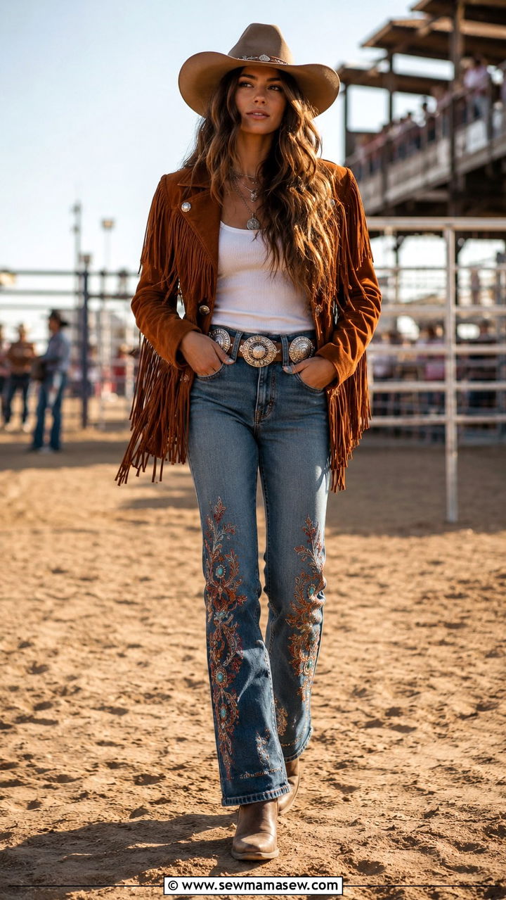 Boho Fringe Western Suede Jacket With Embroidered Jeans - 25 Boho outfit ideas with fringe