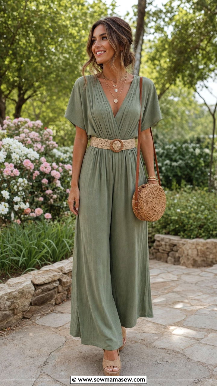 Boho Jumpsuit with Woven Belt and Wedges - 35 boho outfits for women