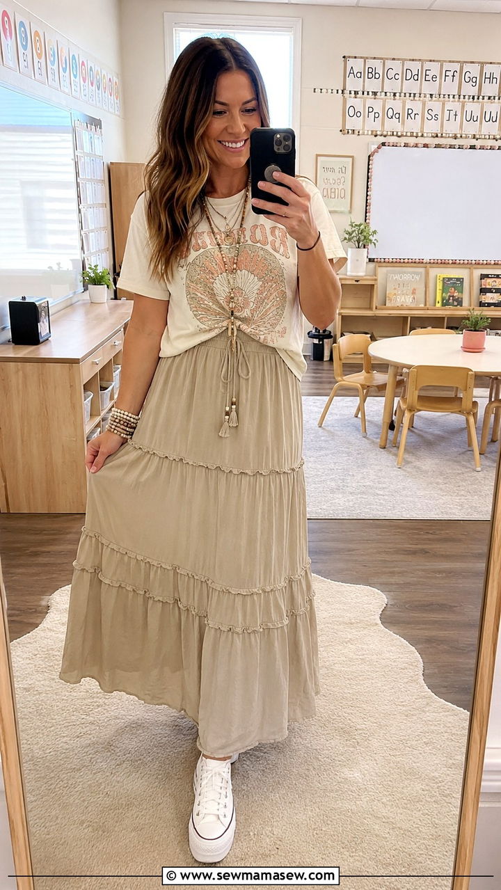 Boho Khaki Maxi Skirt With T Shirt - 30 Kindergarten teacher outfit ideas