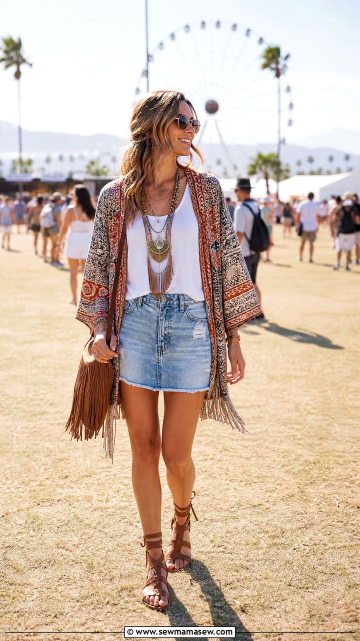 Boho Kimono and Tank Top with Denim Skirt and Gladiator Sandals - 30 summer denim skirt outfit ideas