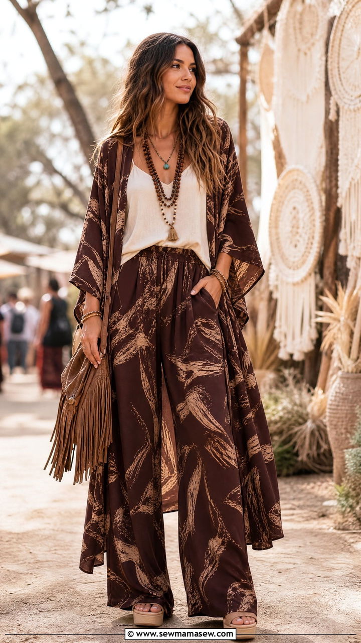 Boho Kimono and Wide Leg Pants Set - 25 Kimono matching set outfit ideas