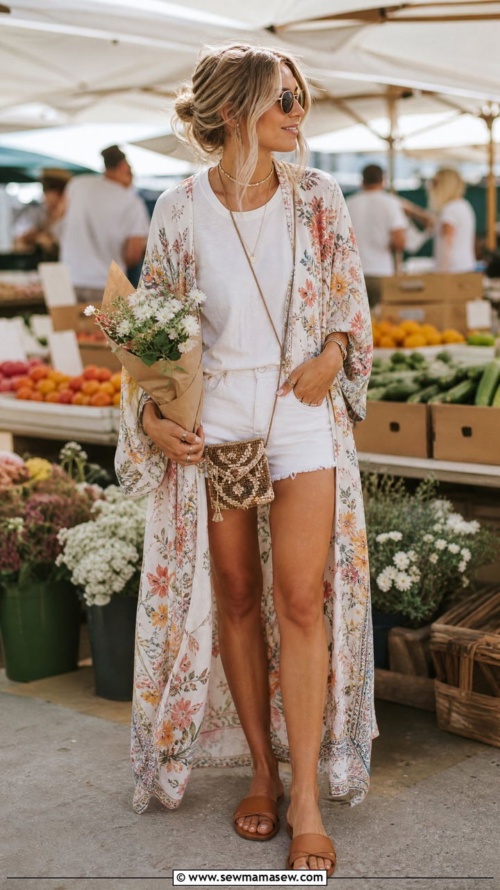 Boho Kimono with a Basic Tee and Denim Cutoffs Outfit - 30 Farmers market outfit ideas