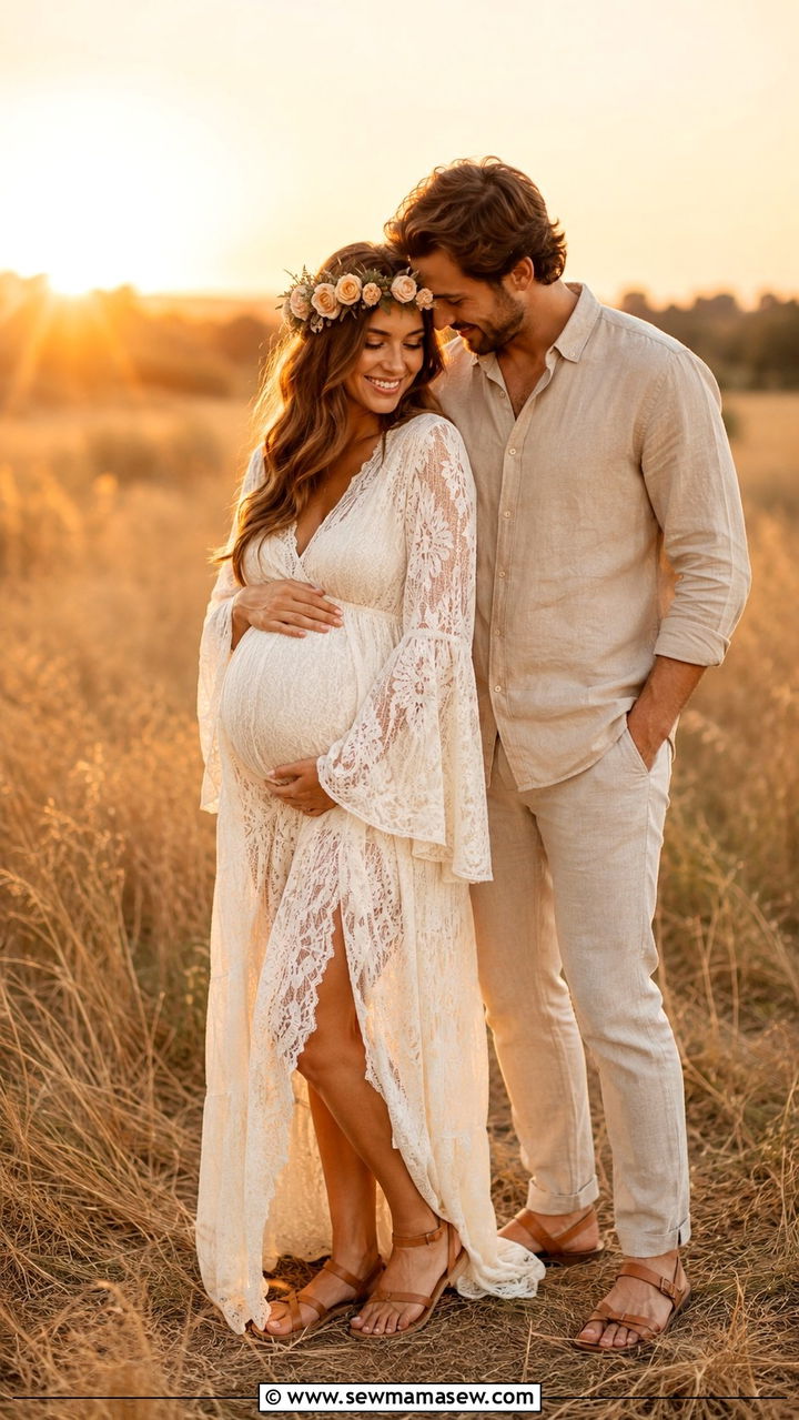 Boho Lace Dress With Floral Crown - 20 Baby announcement photo outfit ideas