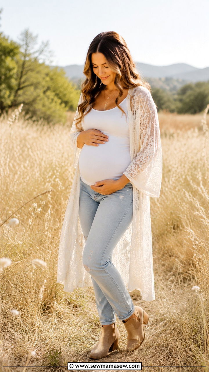 Boho Lace Kimono Over White Tank And Maternity Jeans - 30 Spring maternity photo outfits