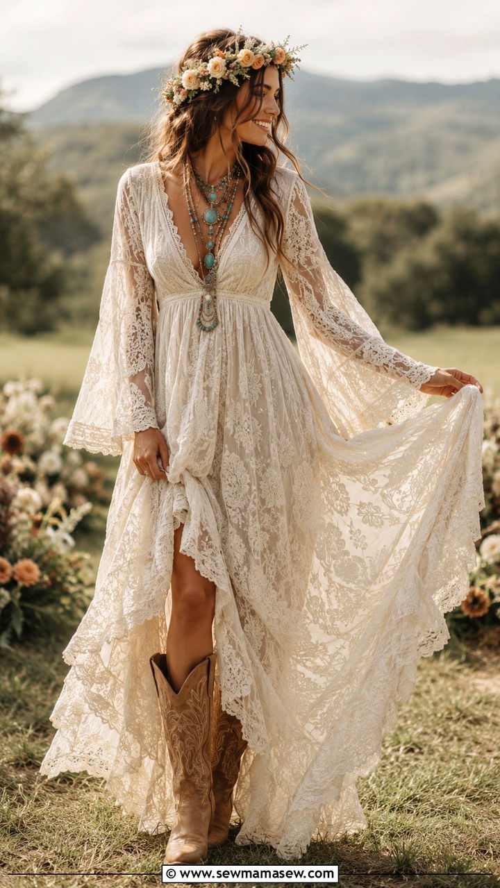 Boho Lace Maxi Dress With Cowboy Boots - 20 How to style cowboy boots for a wedding