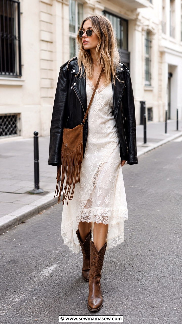 Boho Lace Slip Dress With Leather Jacket - 25 aesthetic outfits 2026