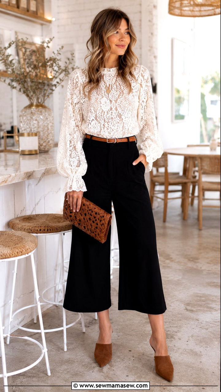 Boho Lace Top With Culottes And Suede Mules - 30 spring western outfit ideas
