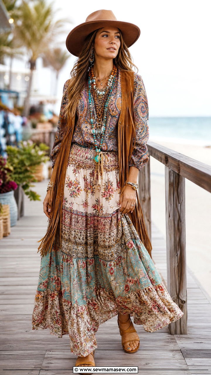 Boho Layered Maxi Skirt with Paisley Blouse and Fringe Vest Outfit - 35 maximalist outfits aesthetic