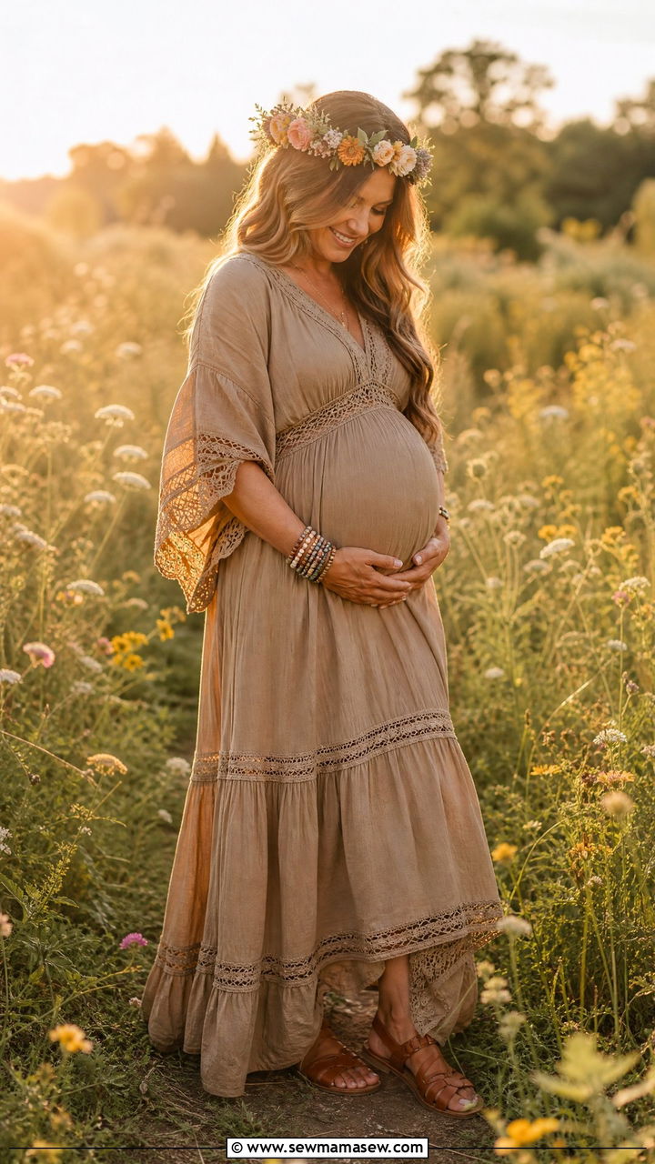 Boho Maxi Dress And Floral Crown Maternity Photoshoot - 25 Maternity outfit ideas for photoshoot