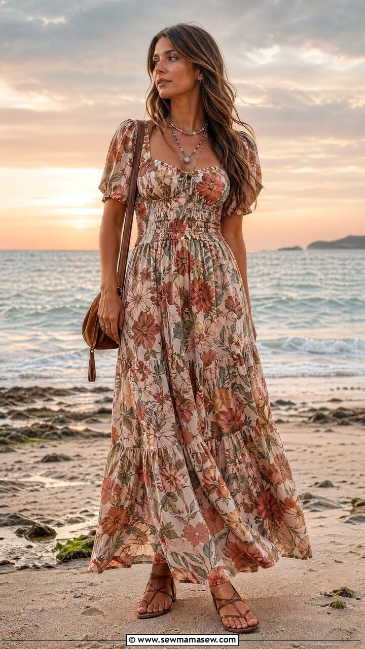 Boho Maxi Dress Outfit with Flat Sandals - 35 dress outfits for women