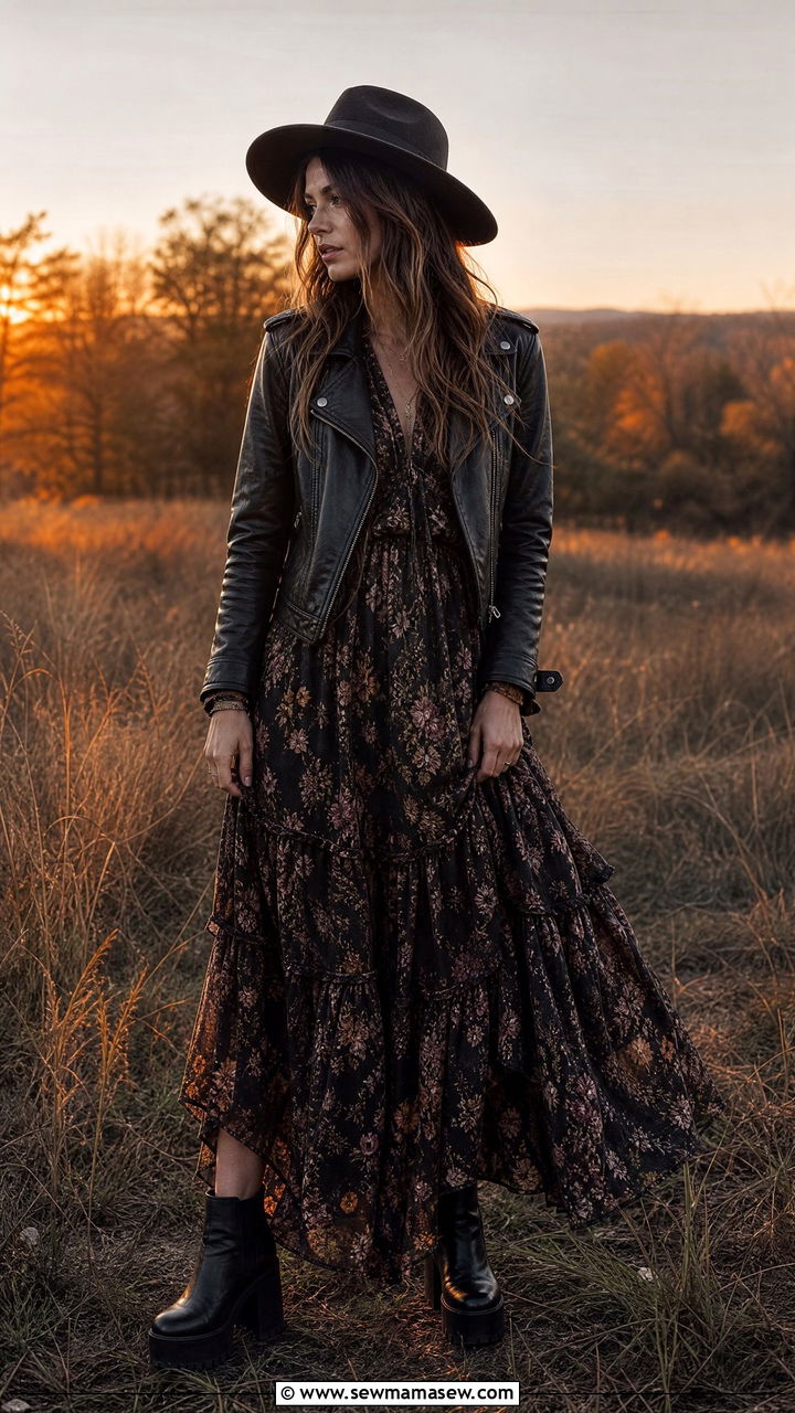 Boho Maxi Dress With A Leather Jacket - 25 classy grunge outfit ideas
