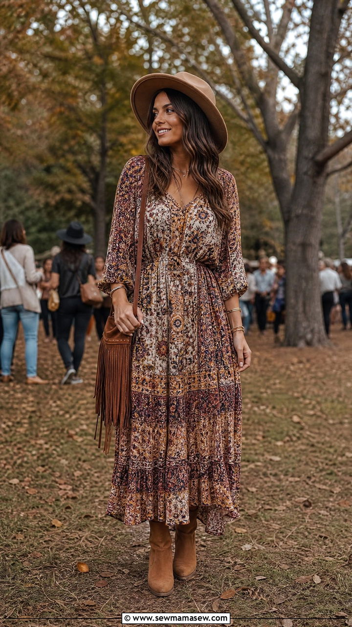 Boho Maxi Dress With Ankle Boots And Fringe Bag - 35 maxi dress outfit ideas for women