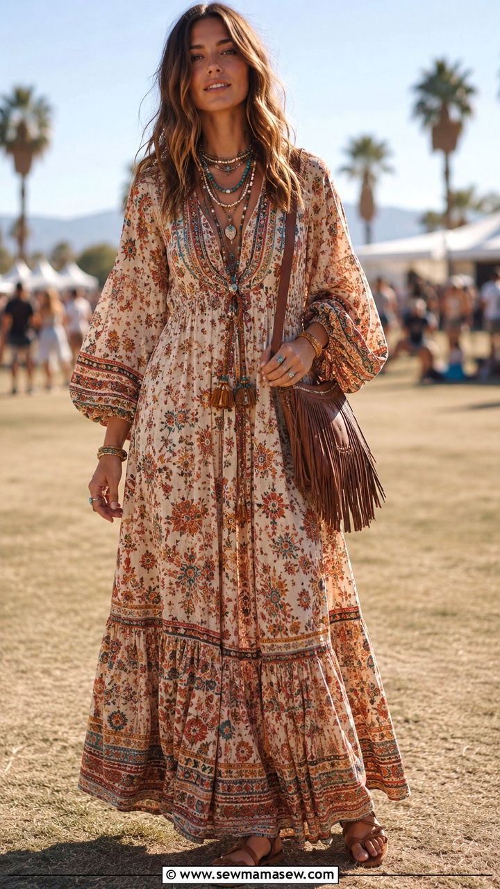Boho Maxi Dress With Bishop Sleeves And Flat Sandals - 30 Maxi dress with sleeves outfit ideas