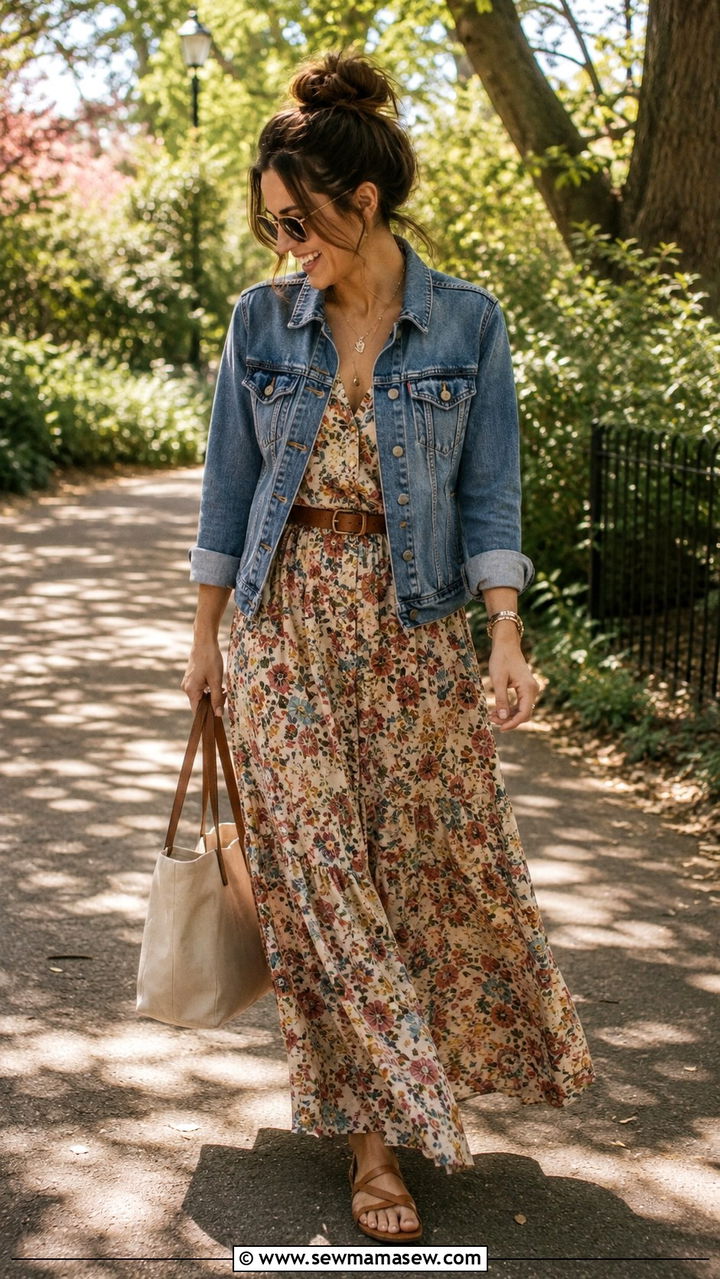 Boho Maxi Dress With Classic Denim Jacket - 25 boho chic outfits aesthetic