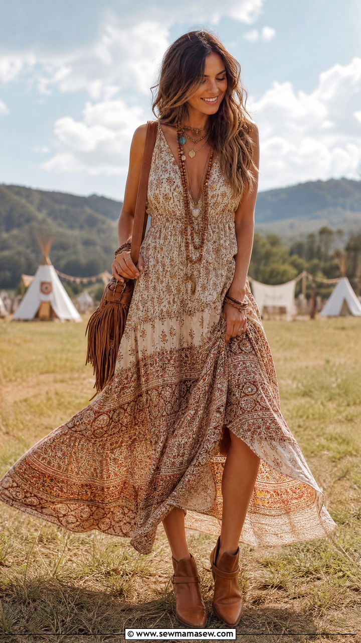 Boho Maxi Dress With Cognac Ankle Boots - 30 Maxi dress outfit ideas with boots