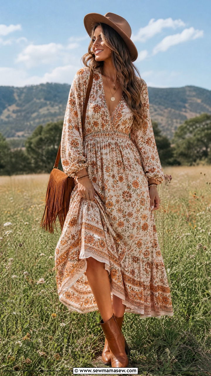 Boho Maxi Dress With Cognac Ankle Boots - 25 chic maxi dress outfit ideas