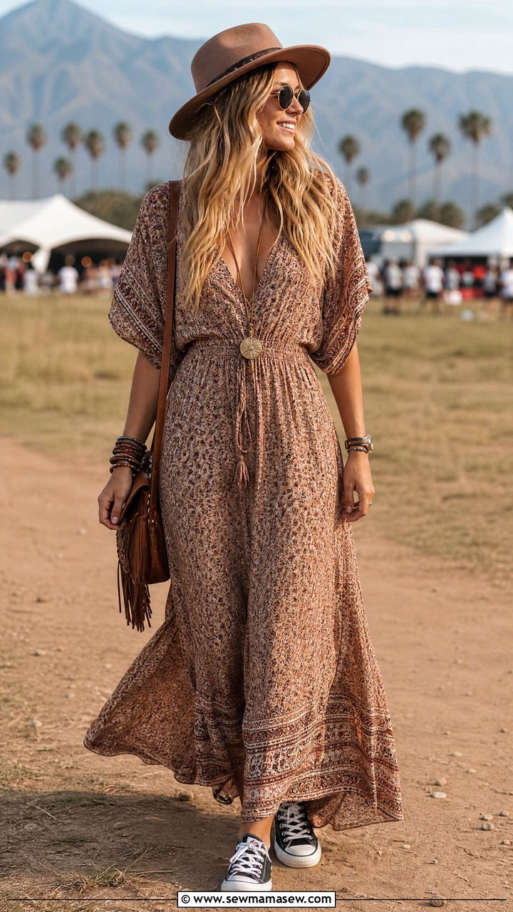 Boho Maxi Dress With Converse - 30 Maxi dress outfit ideas with sneakers