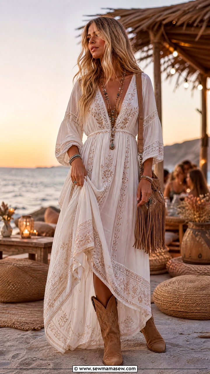 Boho Maxi Dress With Cowboy Boots - 30 Summer outfits with cowboy boots