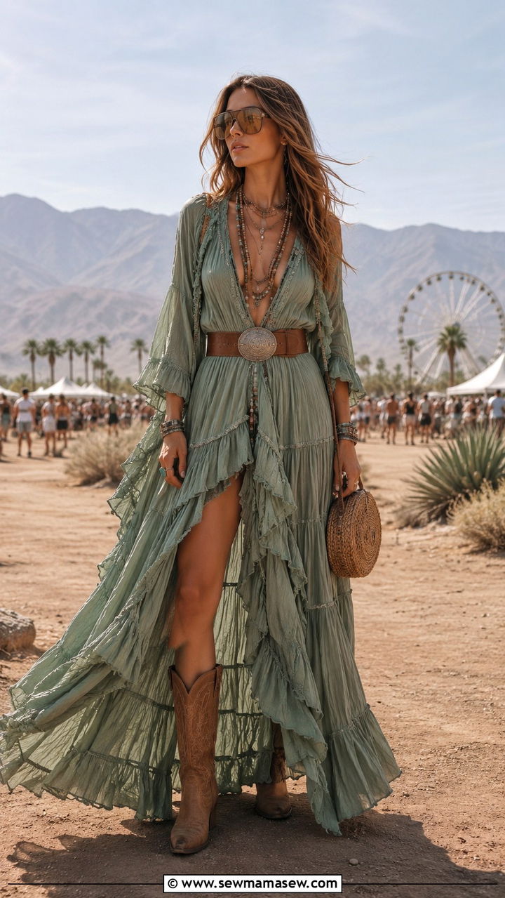 Boho Maxi Dress With Cowboy Boots And Oversized Sunglasses - 20 Coachella weekend 2 outfit ideas 2026