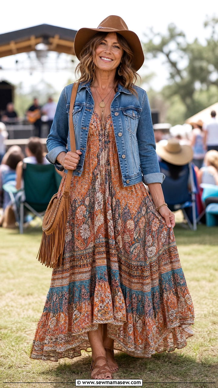 Boho Maxi Dress With Denim Jacket - 30 summer concert outfits for women over 40