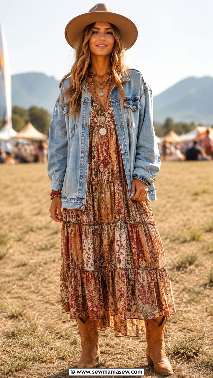 Boho Maxi Dress With Denim Jacket And Cowboy Boots - 30 Maxi dress with a denim jacket outfit ideas