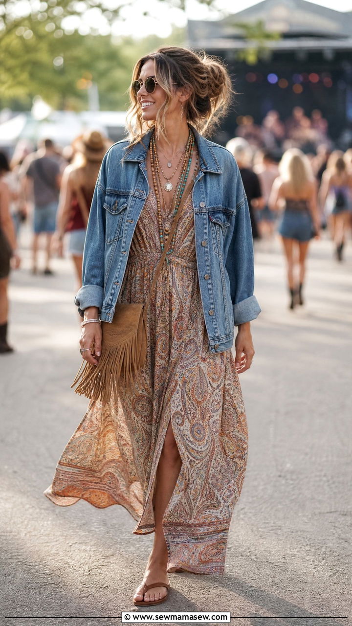 Boho Maxi Dress With Denim Jacket And Flat Flip Flops - 20 spring outfits with flip flops