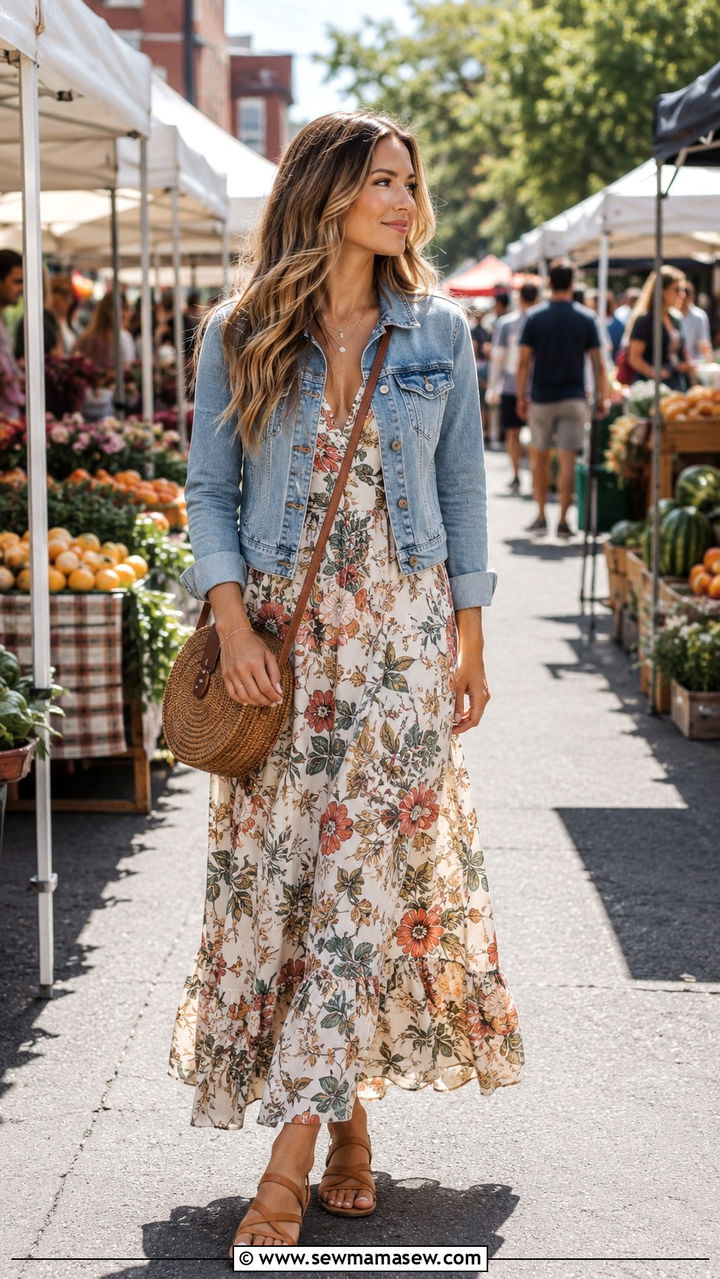 Boho Maxi Dress With Denim Jacket - 25 Boho outfit ideas with maxi dress