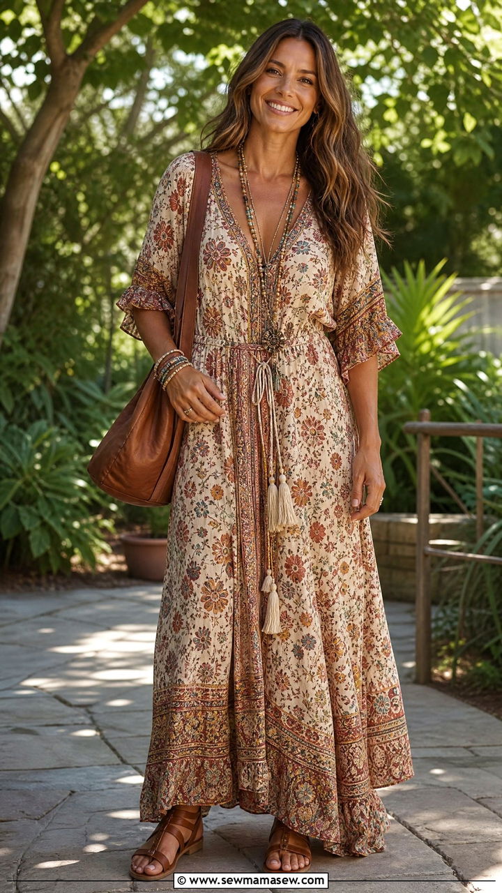 Boho Maxi Dress With Flat Sandals - 30 Summer outfits for family reunion