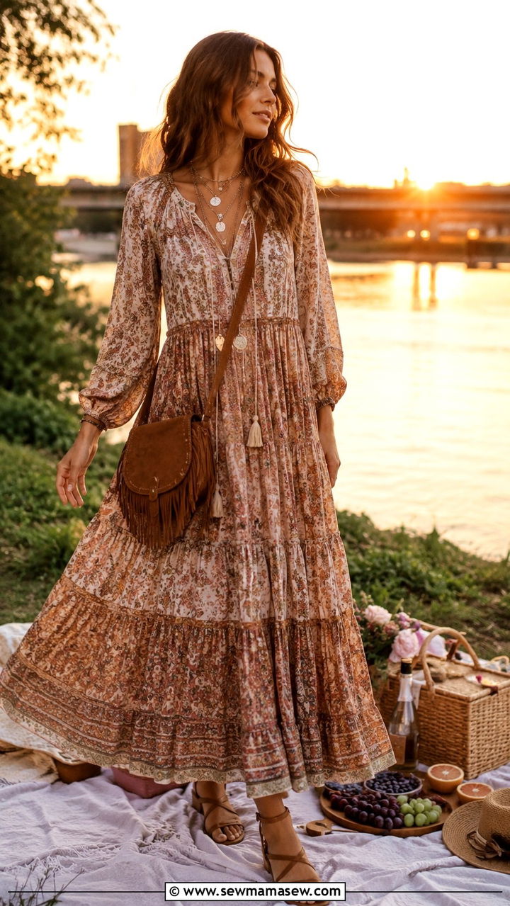 Boho Maxi Dress With Flat Sandals - 30 picnic outfit ideas for women