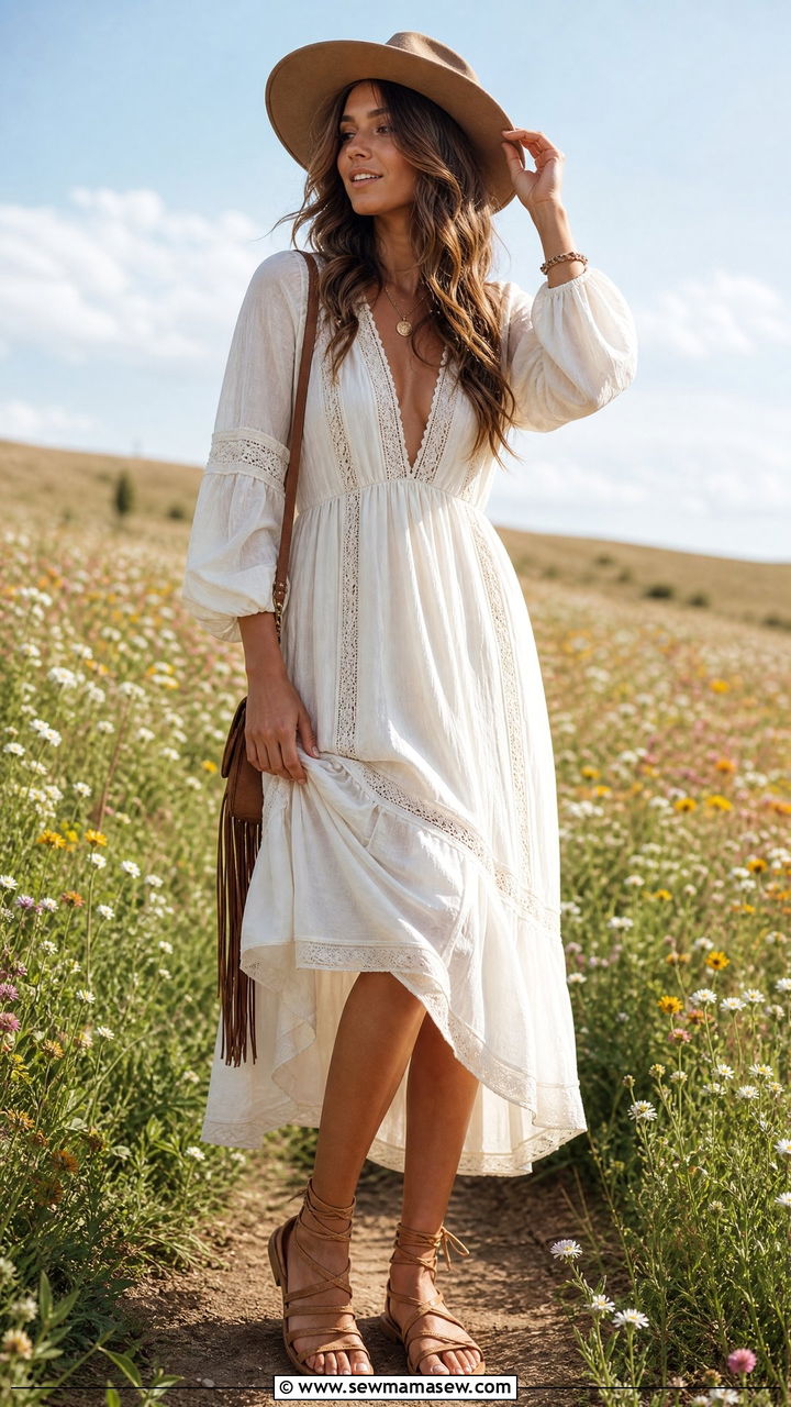 Boho Maxi Dress With Flat Sandals Brunch Outfit - 30 Bridal brunch outfit ideas