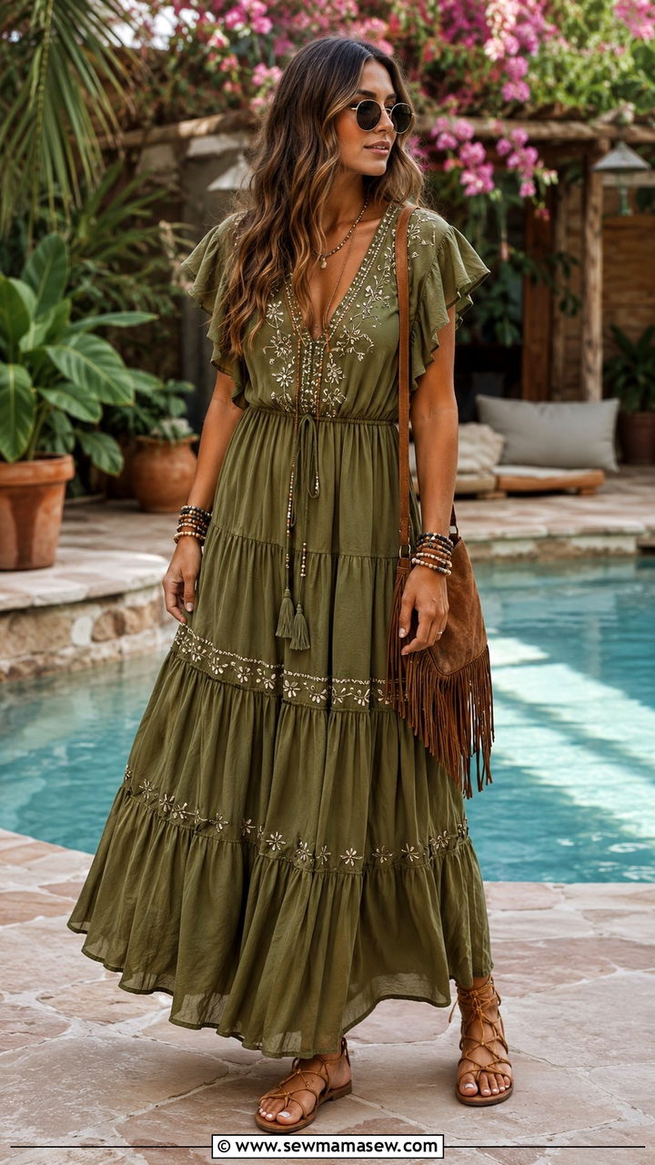 Boho Maxi Dress With Gladiator Sandals - 25 Pool party outfit ideas not a swimsuit