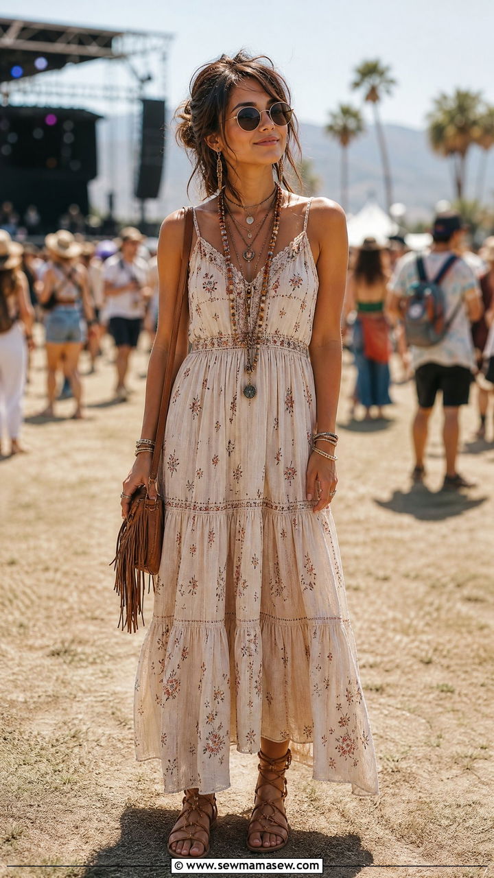 Boho Maxi Dress With Gladiator Sandals And Fringe Bag - 25 Maxi dress for petite outfit ideas