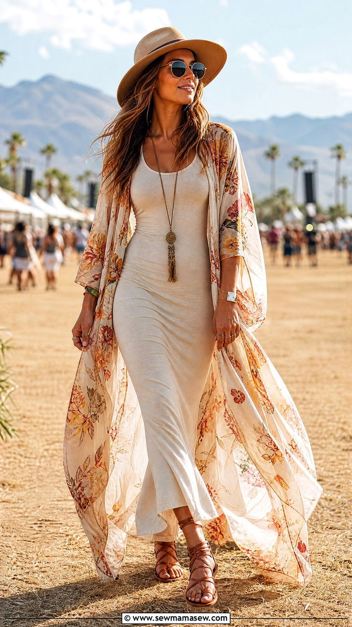 Boho Maxi Dress With Kimono - 35 how to style maxi dress