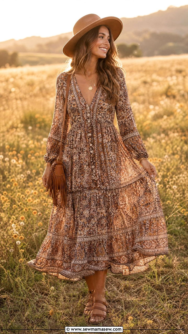 Boho Maxi Dress With Layered Necklaces and Flat Sandals - 40 Spring photoshoot outfits
