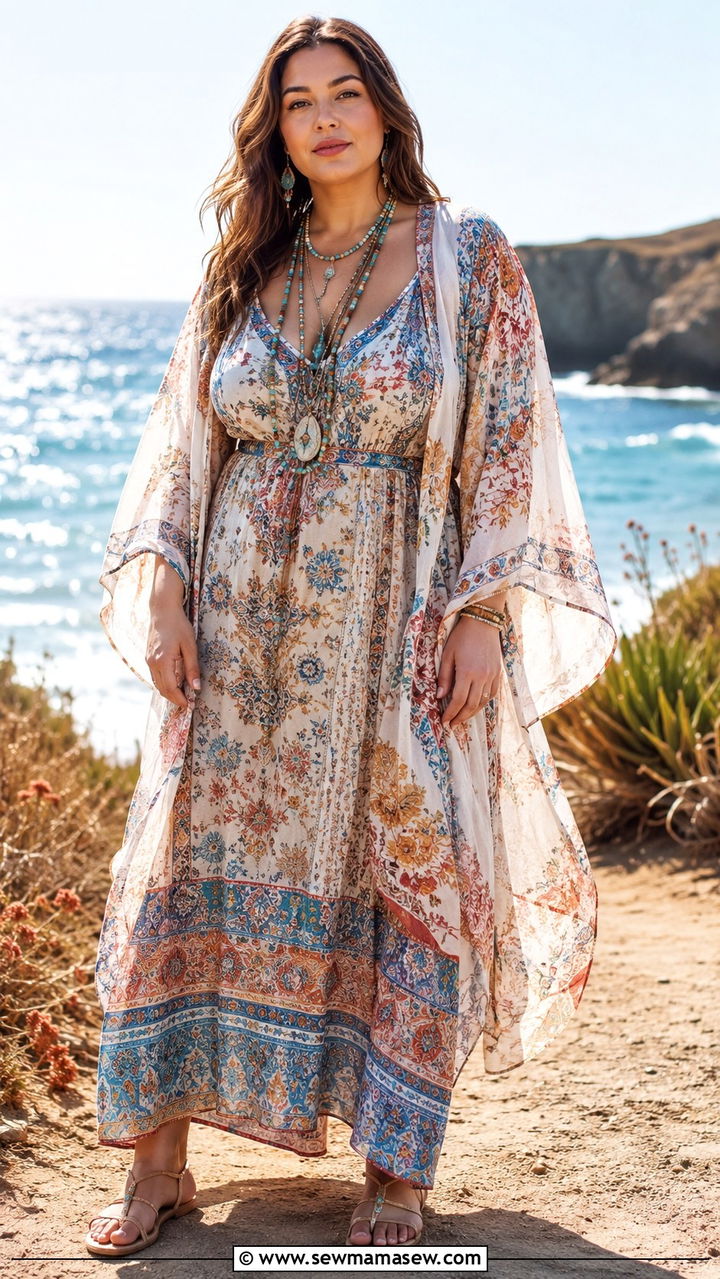 Boho Maxi Dress With Sheer Kimono - 30 Plus size outfit ideas 2026