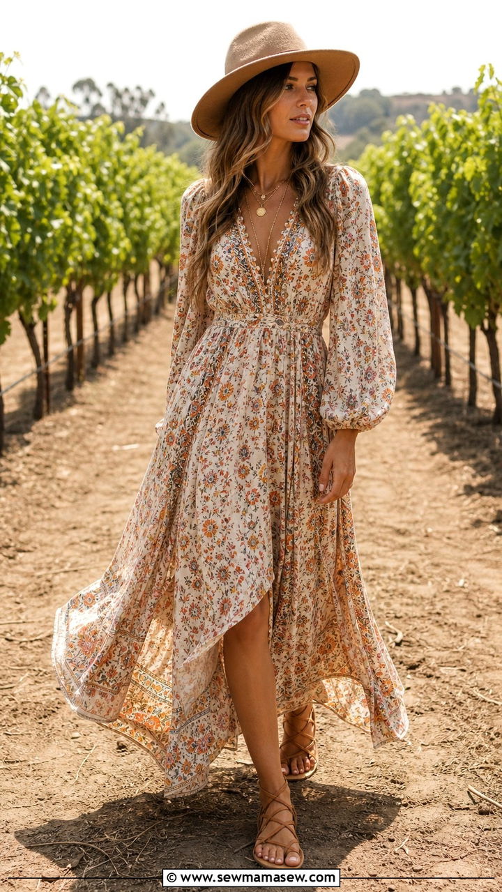 Boho Maxi Dress With Strappy Flat Sandals - 40 All wine outfit ideas