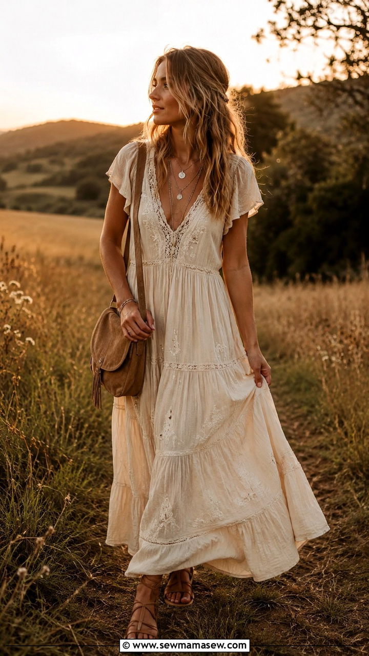 Boho Maxi Dress With Strappy Sandals - 25 Mid May outfit ideas