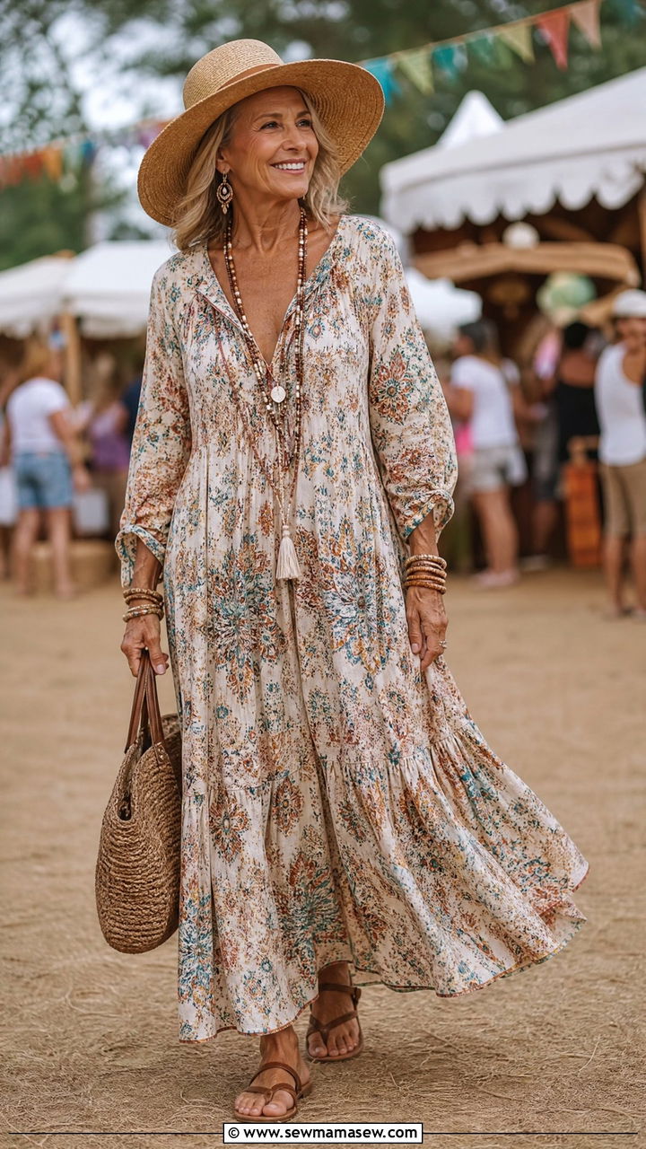 Boho Maxi Dress With Straw Hat and Sandals - 30 Concert outfit ideas for women over 50
