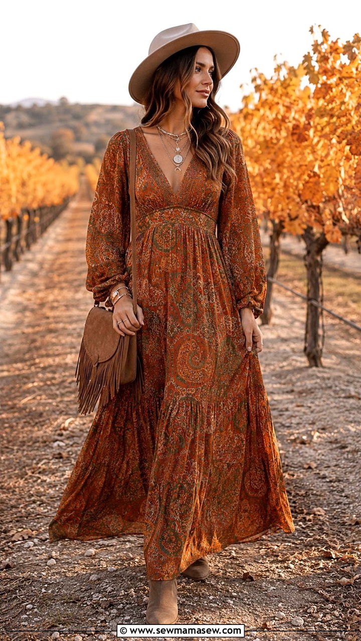 Boho Maxi Dress With Suede Accessories - 30 Vineyard wedding guest outfit ideas