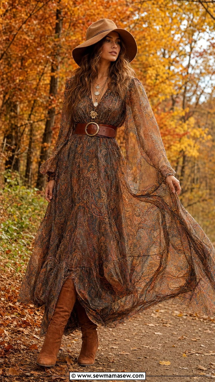 Boho Maxi Dress With Suede Boots - 35 70s outfit ideas
